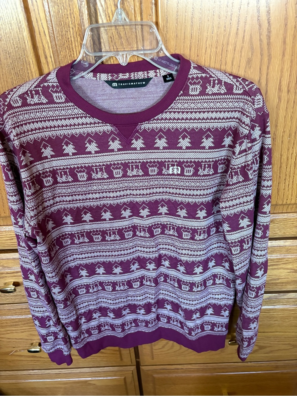 Travis Mathew Men's Maroon and Cream Fair Isle Crewneck Sweater